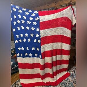 Vintage Hand Knit Crocheted 46 Star American Flag Throw Blanket EUC 84”x80”